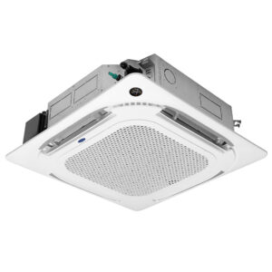 Cassette 4 Vias Inverter Connect O Cassette 4 Vias Inverter Connect é o equipamento ideal para quem precisa climatizar grandes ambientes residenciais, salas amplas e conjuntos comerciais com distribuição uniforme no ambiente e ótima integração arquitetônica. O sistema conta com a tecnologia de compressores de velocidade variável, que proporcionam grande economia de energia, e fluido refrigerante ecológico R32. Split Cassette Carrier Inverter 4 Vias Connect está disponível nas capacidades 18.000 BTU/h a 60.000 BTU/h, com ciclos Frio e Quente/Frio, e conta com conectividade sem fio nativa.